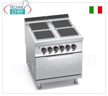 TECHNOCHEF - 4-PLATTEN-ELEKTROHERD auf GN 2/1 ELEKTROOFEN, Mod. E9PQ4+FE ELEKTROHERD 4 PLATTEN auf ELEKTROOFEN GN 2/1, BERTOS MAXIMA 900-Serie, HIGH POWER-Serie, mit 4 QUADRATISCHEN Kochplatten mit den Maßen 300 x 300 mm, UNABHÄNGIGE STEUERUNG, 6 Leistungsstufen, V.400/3+N, Gesamtleistung 21 kW , Gewicht 138 kg, Abm.mm.800x900x900h