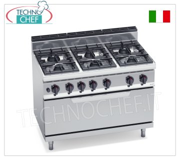 TECHNOCHEF - GASKOCHER 6 BRENNER auf GASOFEN, Kw.54, Mod.G7F6P+T GASHERD 6 BRENNER auf GASOFEN, BERTOS, MACROS 700-Linie, MAX POWER-Serie, Gesamtwärmeleistung. Kw 54,00, Gewicht 140 kg, Abm.mm.1200x700x900h