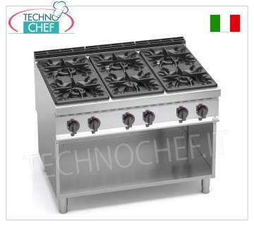 TECHNOCHEF - 6-BRENNER-GASKOCHER auf OFFENEM SCHRANK, Mod. G9F6M GASHERD 6 BRENNER im OFFENEN SCHRANK, Linie BERTOS MAXIMA 900, Serie HIGH POWER, Wärmeleistung 53,5 kW, Gewicht 140 kg, Abm. 1200 x 900 x 900 mm