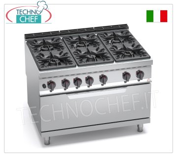 TECHNOCHEF - GASKOCHER 6 BRENNER auf GASOFEN, Mod. G9F6+T GASHERD 6 BRENNER auf GASOFEN, Linie BERTOS MAXIMA 900, Serie HIGH POWER, Gesamtwärmeleistung. Kw.65,5, Gewicht 226 kg, Abm.mm.1200x900x900h