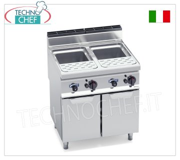 TECHNOCHEF - GAS-NUDELKOCHER auf MOBIL, 2 Becken à 30+30 Liter, Mod.CPG80E GAS-NUDELKOCHER auf MOBILE, BERTOS, MACROS 700-Linie, PASTA ITALY-Serie, 2 unabhängige Edelstahltanks von 30+30 Litern, Wärmeleistung Kw.24,00, Gewicht 94 kg, Abm.mm.800x700x900h