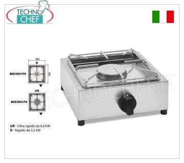 Technochef - Professioneller Tischgasherd, 1 Brenner TISCHGASHERD mit 1 PROFESSIONELLEN EDELSTAHLBRENNER, der mit Universalgas betrieben wird, mit 1 SCHNELLBRENNER von 3,5 kW, Gewicht 5,9 kg, Abmessungen 350 x 350 x 170 mm