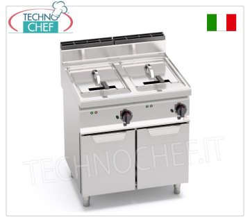 TECHNOCHEF – ELEKTRISCHE FRITEUSE auf MOBIL, 2 TANKS von 18+18 Litern, Mod.E7F18-8M ELEKTRISCHE FRITEUSE auf MOBILE, BERTOS, MACROS 700-Linie, TURBO-Serie, 2 UNABHÄNGIGE TANKS von 18+18 Litern, V.400/3+N, Kw.13,5+13,5, Gewicht 80 kg, Abmessung mm. 800x700x900h