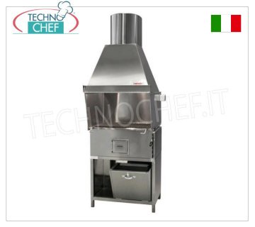 GRILL ROMAGNA – Romagna-Holzkohlegrill/Kocher mit 1 Kohlenschale, Romagna-Holzkohlegrill mit 1 Brennschale, komplett mit Dunstabzugshaube mit entsprechendem Motor, Edelstahl-Basisträger und Holzkäfig, V.230/1, Kw.0,75, Gewicht 150 kg, Abm. 800 x 850 x 2370 mm.