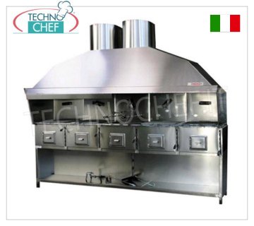 ROMAGNA GRILL – Romagna-Holzkohlegrill/Kocher mit 5 Kohlenbecken Romagna-Holzkohlegrill mit 5 Kohlenbecken, komplett mit Dunstabzugshaube mit entsprechendem Motor, Sockel aus Edelstahl und Holzkäfig, V.230/1, Kw.0,75, Gewicht 300 kg, Abm. mm. 2670 x 850 x 2410 h.