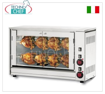 ELEKTRISCHE ROTISSERIE mit 2 übereinanderliegenden Stäben für 8 HÜHNER ELEKTRISCHE ROTISSERIE AUS EDELSTAHL mit 2 überlappenden Einzelstangen für 8 HÜHNER, ausgestattet mit Innenbeleuchtung, 720 mm lang, Gewicht 41 kg, V.230/1, kW 3,5, Abmessungen 880 x 430 x 530 mm