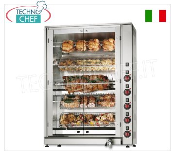 ELEKTRISCHE ROTISSERIE mit 5 UNABHÄNGIGEN, überlappenden Schidione-Stangen für 20 HÜHNER ELEKTRISCHER ROTISSERIE mit 5 übereinanderliegenden Schidione-Stäben mit unabhängiger Steuerung für 20 HÜHNER, Möglichkeit der TEILBELADUNG, geschlossen mit 2 Glastüren, Gewicht 88 kg, V. 400/3+N, kw 10,7, Abmessungen 88x45x125h cm