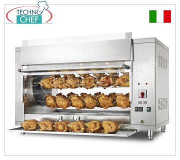 ELEKTRISCHE PLANETENROTISSERIE mit 5 STANGEN für 30 HÜHNCHEN, V.400 / 3 + N. ELECTRIC PLANETARY ROTISSERIE Arbeitsplatte aus EDELSTAHL mit 5 AUKTIONEN für 30 HÜHNCHEN, ausgestattet mit 1000 mm langem Innenlicht, Gewicht 123 kg, V.400 / 3 + N. kw 9,5, Abmessungen mm 1300x660x790h