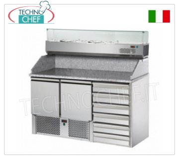 Gekühlte Pizzatheke, 2 Türen, 6 Schubladen, Zutatenvitrine, Maße mm 1410 x 700 x 1525 h