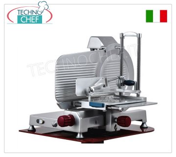 TECHNOCHEF - Vertikaler Aufschnittschneider für Wurstwaren, Zahnradgetriebe, Messer-Ø 350 mm, selbstsichernder Salami-Pressarm auf Säulenbasis