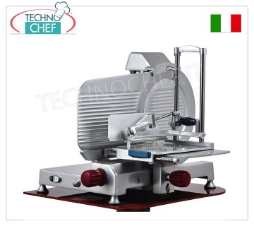 TECHNOCHEF - Vertikaler Aufschnittschneider für Wurstwaren, Zahnradgetriebe, Messer-Ø 370 mm, selbstsichernder, säulenförmiger Salami-Pressarm