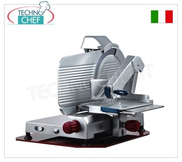 TECHNOCHEF - Vertikaler Aufschnittschneider für Wurstwaren, Zahnradgetriebe, Messer-Ø 350 mm, selbstarretierender Gelenk-Wurstpressarm