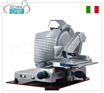 TECHNOCHEF - Vertikaler Aufschnittschneider für Wurstwaren, Zahnradgetriebe, Messer-Ø 370 mm, selbstsichernder, gelenkiger Salami-Pressarm