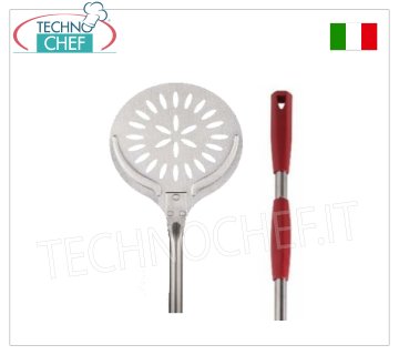 Runde perforierte Pizzaschaufel aus Edelstahl, Durchmesser 24 cm, mit Schiebegriff