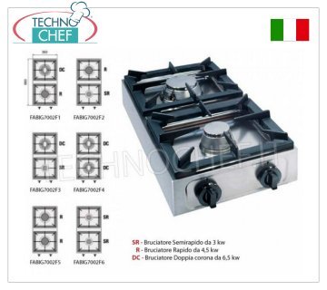 Professioneller Tisch-Gasherd, 2 Brenner TISCHGASHERD mit 2 PROFESSIONELLEN EDELSTAHLBRENNERN, betrieben mit Universalgas, Abmessungen 350x660x170h mm, hergestellt in 6 VERSIONEN mit HEIZLEISTUNG von 6 bis 13 kW, KOMPLETTES SORTIMENT