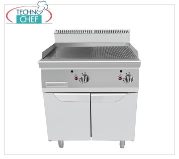 Technochef – GAS-GRILLGRILL mit GLATTER/GERIPPTER PLATTE auf MOBILEM, Kw.20,00 GASBRILLE mit GLATTER/GERIPPTER PLATTE auf MOBILE, Linie 900, Wärmeleistung Kw 10,00+10,00, Abm.mm.800x900x1140h