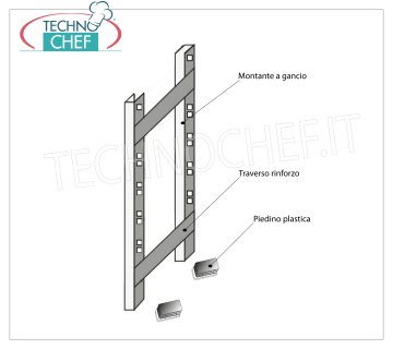 TECHNOCHEF - Seitenschulter für Inox-Hakenregale, Mod.97180 + 97003 + 97007 Fachboden für Fachböden mit Haken Edelstahl 304 poliert, Stärke 20/10, bestehend aus 2 Holmen, 2 Querstreben und Kunststofffüßen, passend für 30 cm tiefe Fachböden, Abmessung mm 300x25x1800h