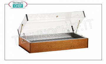 Servierwagen Holz Display Eisbox mit Walnuss Holzstruktur gefärbt, mit 8 eutektischen Behältern, eine Badewanne und ein Gitter aus rostfreiem Stahl, Plexiglas-Domen, dim.mm.900x485x230h