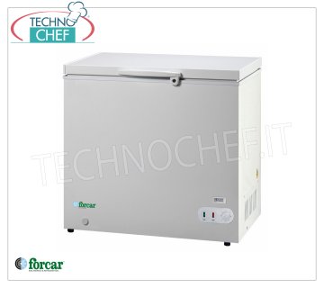 Forcar - PIT FREEZER, 252 lt, Temp. ≤ -18, statisch, Klasse F, Mod. G-BD305S Horizontale Gefriertruhe, ECO Line, außen weiß lackierter Stahl, Fassungsvermögen 252 Liter, Temperatur ≤ -18, statische Kühlung, ÖKOLOGISCH in KLASSE F, Gas R600a, V.230/1, Kw.0,072, Gewicht 40 kg, Abm. mm. 1125x580x850h