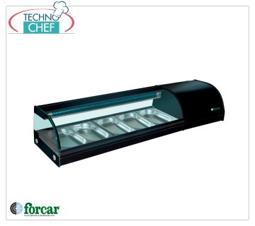 Forcar - Kühlvitrine für Sushi, Kapazität 5 GN 1/3 Behälter H 40 mm, Mod.G-SSS1500 Kühlvitrine für Sushi, Kapazität 5 GN 1/3 Behälter, Klasse B, Temperatur +0°/+6°C, V.230/1, Kw.0,16, Abm.mm.1500x415x300h