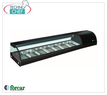 Forcar - Kühlvitrine für Sushi, Kapazität 7 GN 1/3 Behälter H 40 mm, Mod.G-SSS1800 Kühlvitrine für Sushi, Kapazität 7 GN 1/3 Behälter, Klasse B, Temperatur +0°/+6°C, V.230/1, Kw.0,23, Abm.mm.1800x415x300h