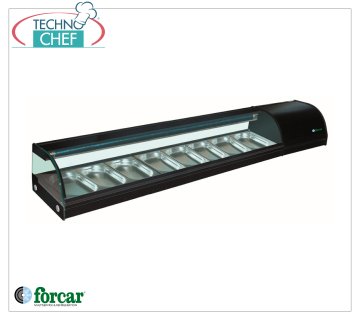 Forcar - Kühlvitrine für Sushi, Kapazität 8 GN 1/3 Behälter H 40 mm, Mod.G-SSS2000 Kühlvitrine für Sushi, Kapazität 8 GN 1/3 Behälter, Klasse C, Temperatur +0°/+6°C, V.230/1, Kw.0,23, Abm.mm.2000x415x300h