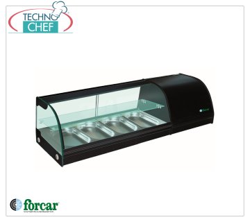 Forcar - Kühlvitrine für Sushi, 2 Regale, Kapazität 4 GN 1/3 Behälter H 40 mm, Mod.G-TS1200 Kühlvitrine für Sushi, 2 Regale, Kapazität 4 GN 1/3 Behälter, Klasse B, Temperatur +4°/+8°C, V.230/1, Kw.0,16, Abm.mm.1200x415x300h