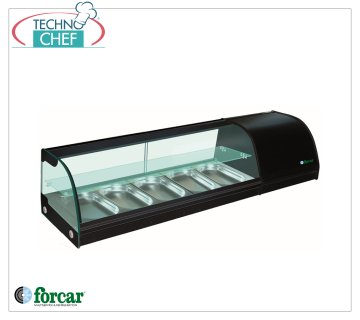 Forcar - Kühlvitrine für Sushi, 2 Regale, Kapazität 5 GN 1/3 Behälter H 40 mm, Mod.G-TS1500 Kühlvitrine für Sushi, 2 Regale, Kapazität 5 GN 1/3 Behälter, Klasse B, Temperatur +4°/+8°C, V.230/1, Kw.0,16, Abm.mm.1500x415x330h