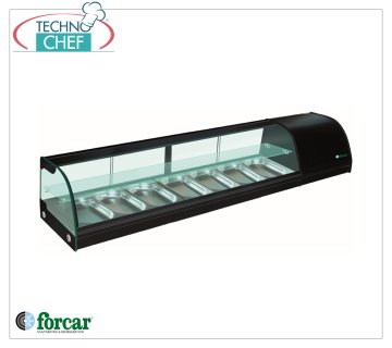 Forcar - Kühlvitrine für Sushi, 2 Regale, Kapazität 7 GN 1/3 Behälter H 40 mm, Mod.G-TS1800 Kühlvitrine für Sushi, 2 Regale, Fassungsvermögen 7 GN 1/3 Behälter, Klasse B, Temperatur +4°/+8°C, V.230/1, Kw.0,23, Abm.mm.1800x415x300h