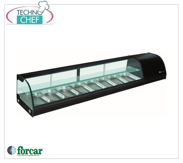 Forcar - Kühlvitrine für Sushi, 2 Regale, Kapazität 8 GN 1/3 Behälter H 40 mm, Mod.G-TS2000 Kühlvitrine für Sushi, 2 Regale, Kapazität 8 GN 1/3 Behälter, Klasse C, Temperatur +4°/+8°C, V.230/1, Kw.0,23, Abm.mm.2000x415x300h