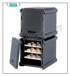 Isotherme Behälter für Gastronorm-Behälter Isothermbehälter aus Polypropylen, vordere Öffnung mit 5 Führungen zum Einlegen von Pizza- / Gebäckpfannen (600 x 400 mm), Abm. intern 620x405x510h mm
