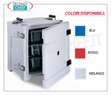 Isothermische Behälter für Gastronorm-Pfannen ISOTHERMISCHER Behälter aus POLYETHYLEN, zum Aufbewahren heißer, kalter oder gefrorener Lebensmittel, 30,5 l Fassungsvermögen, Version mit VORDERER ÖFFNUNG, geeignet für die Aufnahme von 1/2 und 1/3 GASTRO-NORM-PFANNEN, Abmessung 410 x 360 x 440 mm