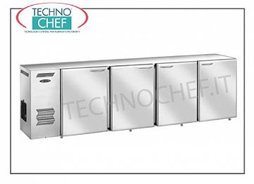 4-türiger Barkühlschrank, belüftet, Temp. + 2 ° + 8 ° - in Edelstahl. 274 cm lang Kühltheke für Bars, 4 Blindtüren aus Edelstahl, belüftet, Temp. + 2 ° + 8 °, V 230/1, kW 4,23, Abm. mm 2740x540x850h.