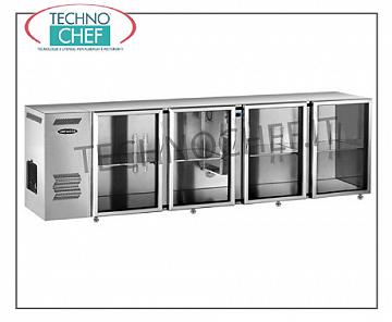 Kühlschrankbar 4 Glastüren, belüftet, Temp. + 2 ° + 8 ° - aus Edelstahl, 274 cm lang Kühltheke für Bars, 4 Glastüren, belüftet, Temp. + 2 ° + 8 °, Edelstahl außen, V, 220/1, 50 Hz, Abm. mm 2740x540x850h